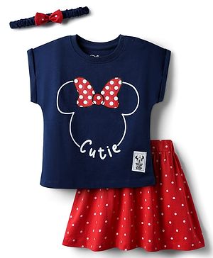 Babyhug Disney Single Jersey Knit Half Sleeves Top & Skirt With Headband & Minnie Mouse Graphics & Badge Detailing - Navy Blue & Red