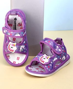 Cute Walk by Babyhug Velcro Closure Musical Sandals With Unicorn Print & Applique - Purple