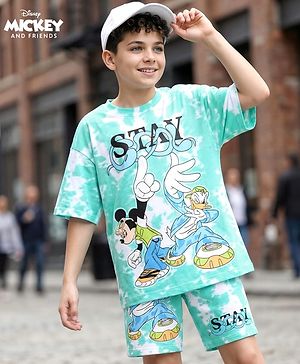 Pine Kids Disney Single Jersey Knit Half Drop Shoulder Sleeves Oversized T-Shirt & Shorts Set With Mickey Mouse & Family Graphics & Tie & Dye Print - Aqua Blue