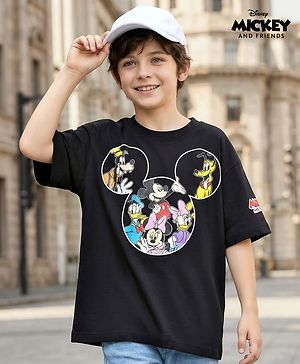 Pine Kids Disney Single Jersey Knit Half Drop Shoulder Sleeves T-Shirt With Mickey Mouse & Family Graphics - Black