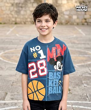Pine Kids Disney Single Jersey Knit Half Drop Shoulder Sleeves Oversized T-Shirt With Mickey Mouse & Family Graphics - Blue
