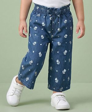 Babyhug Ankle Length Cotton Denim Culottes with Floral Print & Bow Applique - Navy Blue