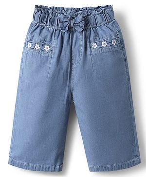 Babyhug 100% Cotton Ankle Length Denim Culotte With Bow Applique & Floral Embroidery - Light Blue