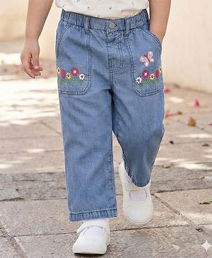 Babyhug Ankle Length Cotton Denim Culottes with Floral Embroidery - Light Blue