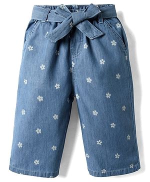 Babyhug Cotton Denim Ankle Length Culottes with Belt & Floral Print - Blue
