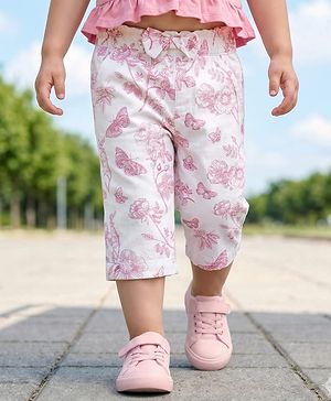 Babyhug Twill Woven Capri Length Tropical Theme Print Capris With Stretch & Bow - White