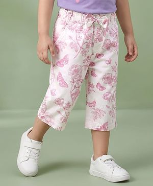 Babyhug Twill Woven Capri Length Tropical Theme Print Capris With Stretch & Bow - White