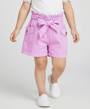 Babyhug Twill Woven Mid Thigh Solid Coloured Shorts With Side Pockets & Belt - Lavender