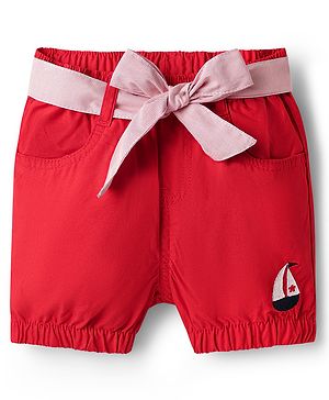 Babyhug Twill Woven Mid Thigh Shorts With Boat Embriodery - Red