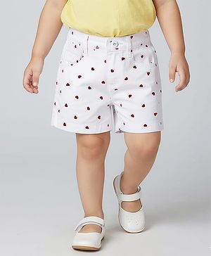 Babyhug Twill Woven Mid Thigh Shorts With Heart Print - White & Red