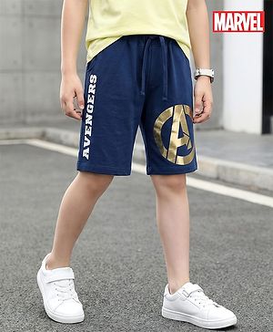 Pine Kids Marvel Terry Knit Knee Length Shorts with Avengers Graphics & Foil Detailing - Navy Blue