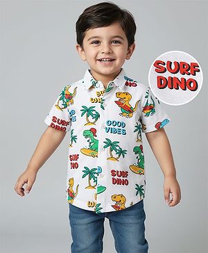 Babyhug Cotton Knit Half Sleeves Shirt With Dino Print - White