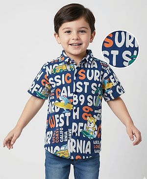 Babyhug Cotton Pique Textured Knit Half Sleeves Shirt With Beach Theme Print - Navy Blue