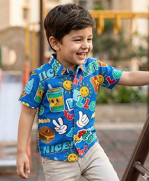 Babyhug Cotton Pique Textured Knit Half Sleeves Shirt With Text Print - Blue
