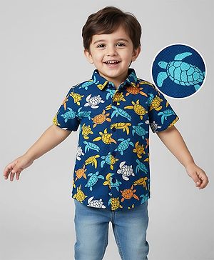 Babyhug Cotton Pique Textured Knit Half Sleeves Tortoise Print - Navy Blue