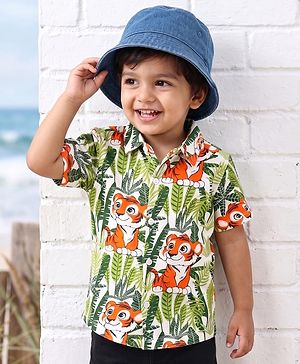 Babyhug Cotton Knit Half sleeves Shirt With Tiger Print - Green