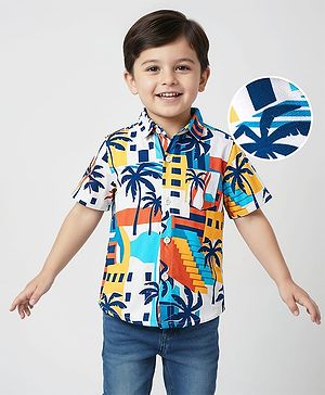 Babyhug Cotton Pique Textured Knit Half Sleeves Shirt With Tropical Theme Print - White