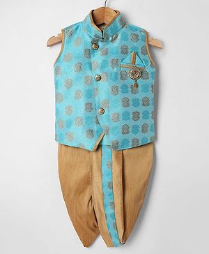 Dapper Dudes Sleeveless Ethnic Motifs Embroidered Coordinating Dhoti Kurta - Blue