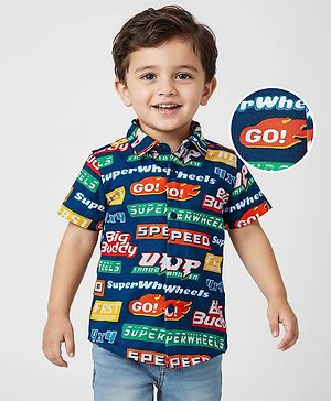 Babyhug Cotton Pique Textured Knit Half Sleeves Shirt With Text Print - Navy Blue