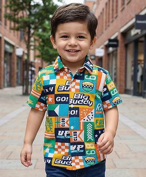 Babyhug Cotton Pique Textured Knit Half Sleeves Shirt With Text Print - Yellow
