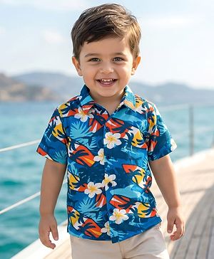 Babyhug Cotton Pique Textured Knit Half Sleeves Shirt With Floral Print - Blue