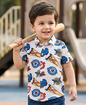 Babyhug Cotton Pique Textured Knit Half Sleeves Shirt With Baseball Print - White