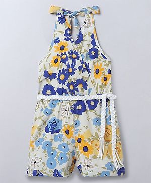 Taffykids Moss Crepe Sleeveless Floral Printed Jumpsuit With Belt - Multi Colour