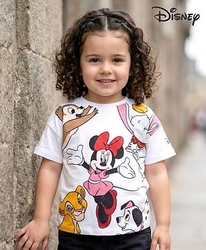 Babyhug Disney Single Jersey Knit Half Drop Shoulder Sleeves Oversized T-Shirt with Minnie Mouse & Family Graphics - White