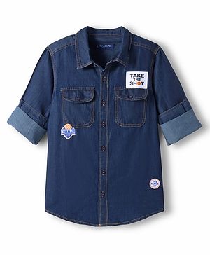 Pine Kids Denim Woven Full Sleeves Washed Shirt with Patch Detailing - Navy Blue