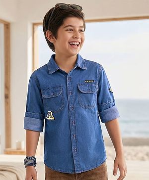 Pine Kids Woven Full Sleeves Washed Shirt with Text Applique - Blue