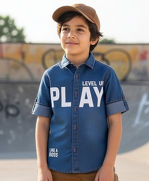Pine Kids Denim Woven Full Sleeves Shirt With Text Print - Blue