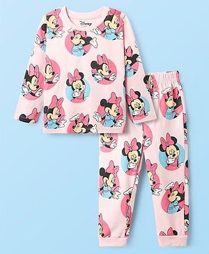 Babyhug Disney Single Jersey Knit Full Sleeves Co-ords Night Suit With Minnie Mouse Print - Pink
