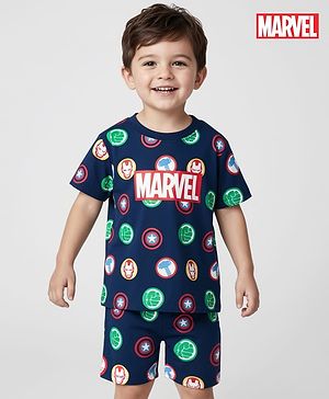 Babyhug Single Jersey Knit Half Sleeves Short Co-ords Night Suit With Marvel Graphics - Navy Blue