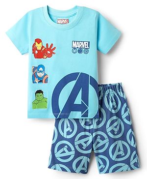 Babyhug Marvel Single Jersey Knit Half Sleeves Short Night Suit With Avenger Graphics - Light Blue