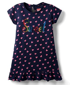 Babyhug Cotton Knit Half  Sleeves Nighty With Heart Print - Navy Blue