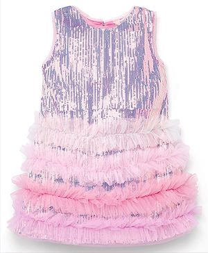 Bonfino Woven Sleeveless Tiered Party Dress with Sequin & Frill Detailing - Baby Pink