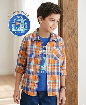 Pine Kids Cotton Woven Full Sleeves Checkered Shirt With T-Shirt - Orange