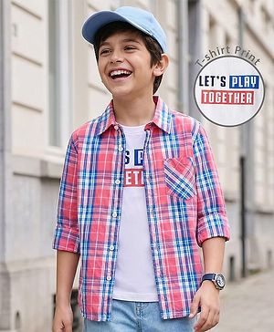 Pine Kids Cotton Woven Full Sleeves Checkered Shirt With T-Shirt - Multicolour