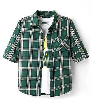 Pine Kids Cotton Woven Full Sleeves Checkered Shirt With T-Shirt - Green