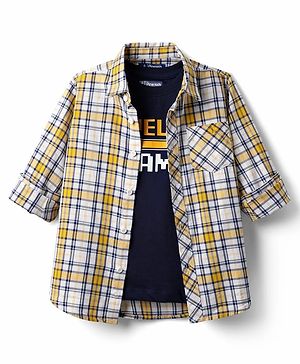 Pine Kids 100% Cotton Full Length Checks Shirts With Text Printed Tank T-Shirt - Yellow & Navy Blue
