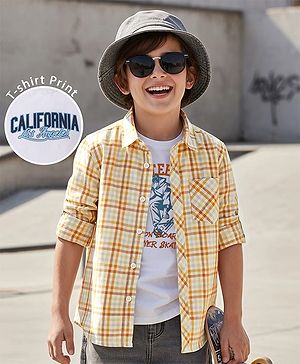 Pine Kids 100% Cotton Full Sleeves Checks Shirt With Text Printed Tank T-Shirt - Yellow & White