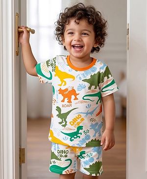 Babyhug Cotton Knit Half Sleeves Co-ords Shorts Night Suit with Dino Print - White