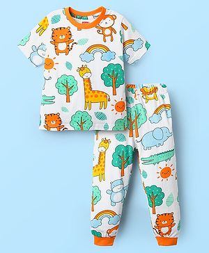 Babyhug Cotton Knit Half Sleeves Co-ord Night Suit With Animal Print - White