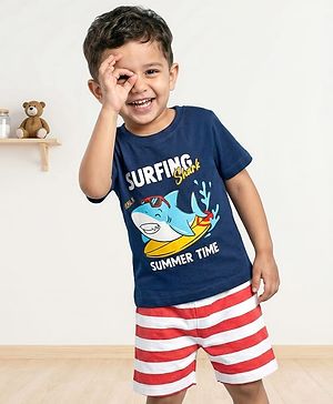 Babyhug Cotton Knit Half Sleeves Shorts Night Suit With Stripes & Surfing Text Print - Navy Blue Red & White