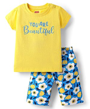 Babyhug Cotton Knit Half Sleeves Capri Night Suit With Floral Print - Yellow & Blue