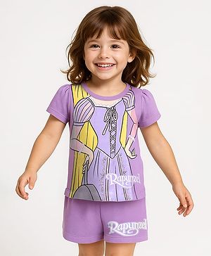 Babyhug Disney Single Jersey Knit Half Sleeves Shorts Night Suit With Rapunzel Graphics - Lavender