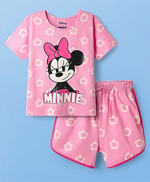 Pine Kids Disney Single Jersey Knit Half Sleeves Shorts Night Suit with Minnie Mouse & Floral Print - Pink