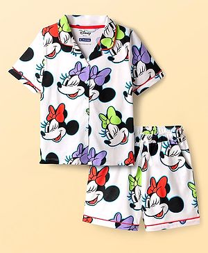 Pine Kids Disney Single Jersey Knit Half Sleeves Co-ords Shorts Night Suit With Minnie Mouse Print - White