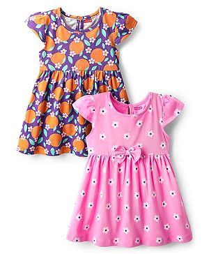 Babyhug Single Jersey Knit Cap Sleeves Floral & Fruit Printed Frocks With Bow Applique Pack of 2 - Pink & Violet
