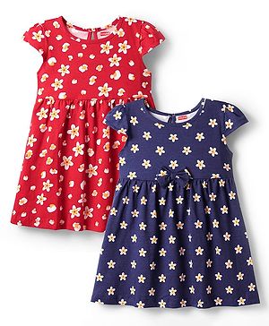 Babyhug Single Jersey Knit Cap Sleeves Frocks With Floral Print Pack Of 2 - Navy Blue & Red